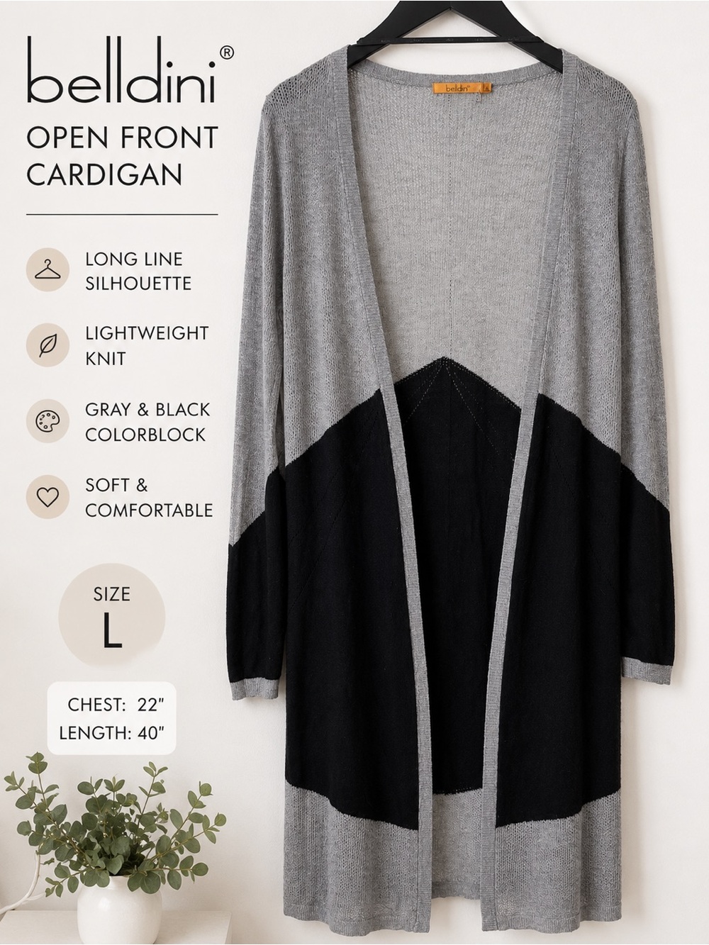 Belldini Long Open Front Cardigan Gray Black Colorblock Sweater Size L